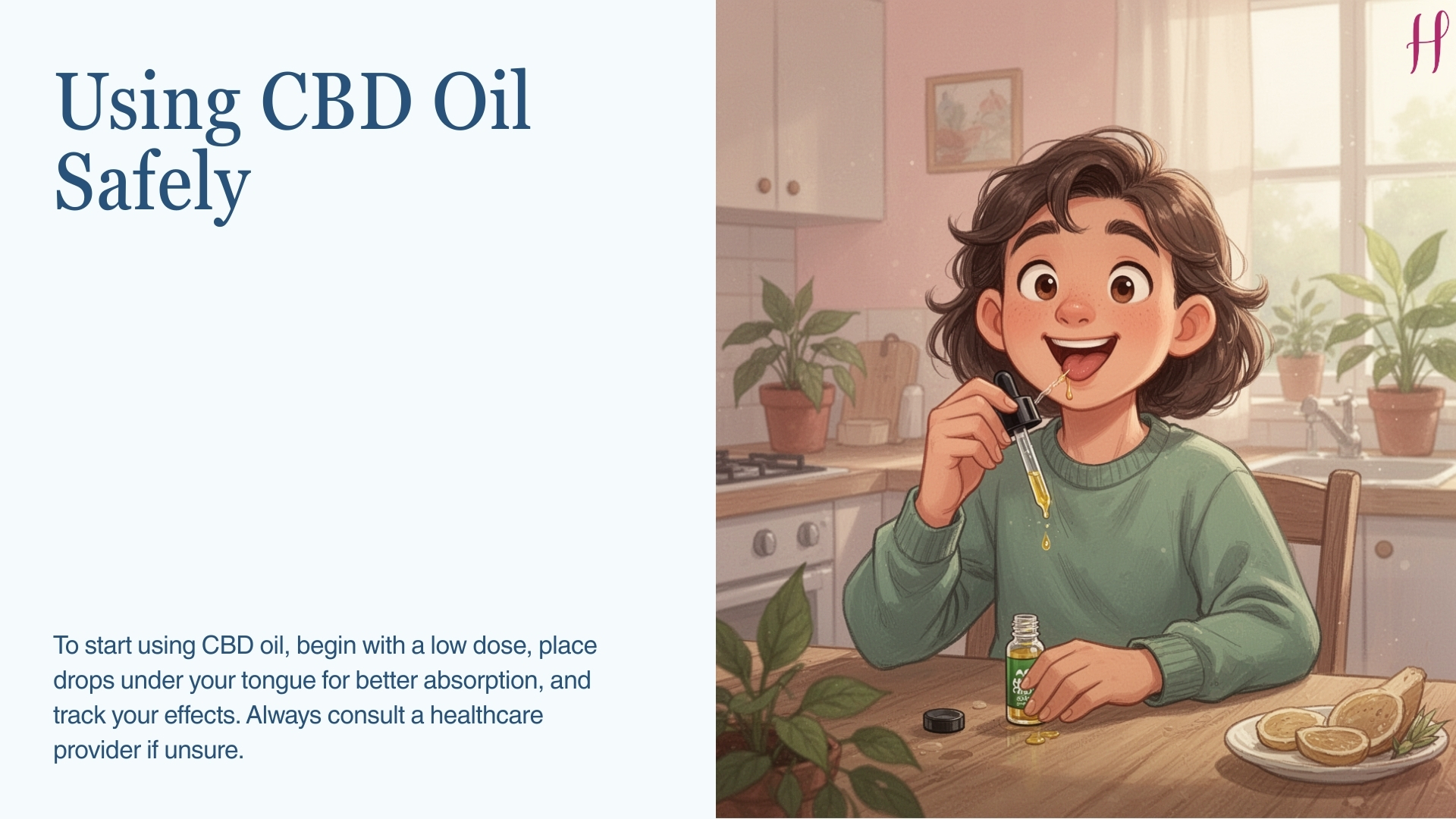 Tips for Buying CBD Online slide with desktop showing CBD products, reviews, and prices in a cozy home office.
